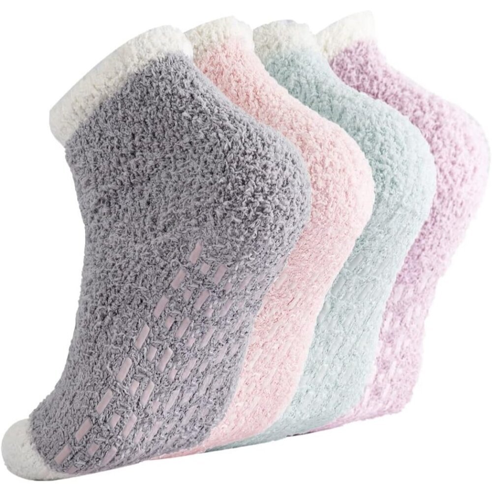 🆕Women's 4 Pairs Grip Slipper Non Slip Imported Ultra Soft Fuzzy Socks